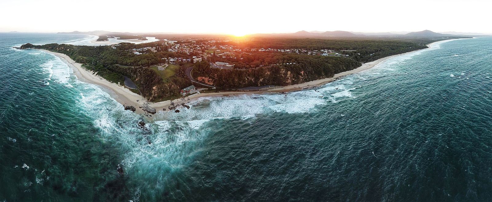 Nambucca Heads and the river mouth from the air at sunset